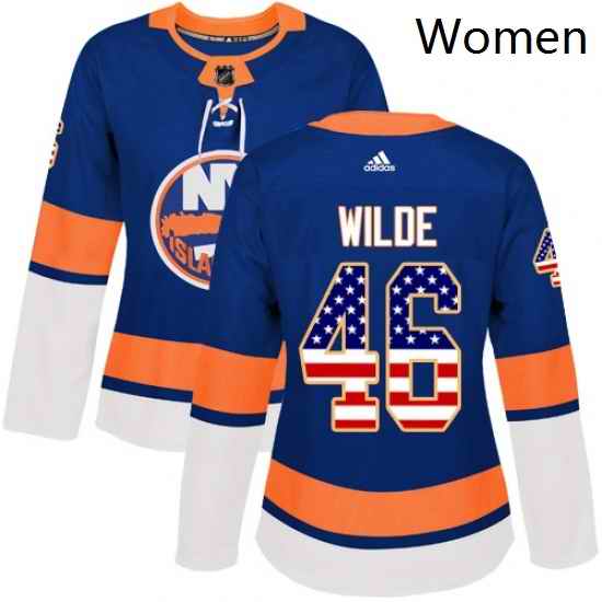 Womens Adidas New York Islanders 46 Bode Wilde Authentic Royal Blue USA Flag Fashion NHL Jersey